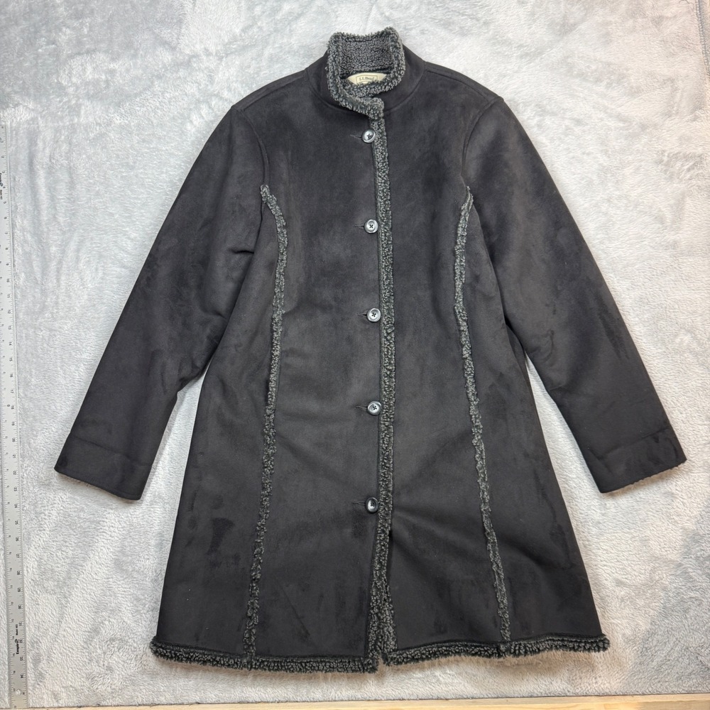 LL Bean Faux Suede Shearling Coat Womens M Petite Black Button Up Winter Y2K